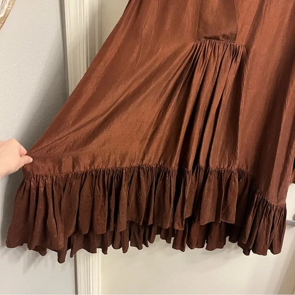 Azeeza Raw Silk Thistle Long Sleeve Mini Dress Brown Size XL